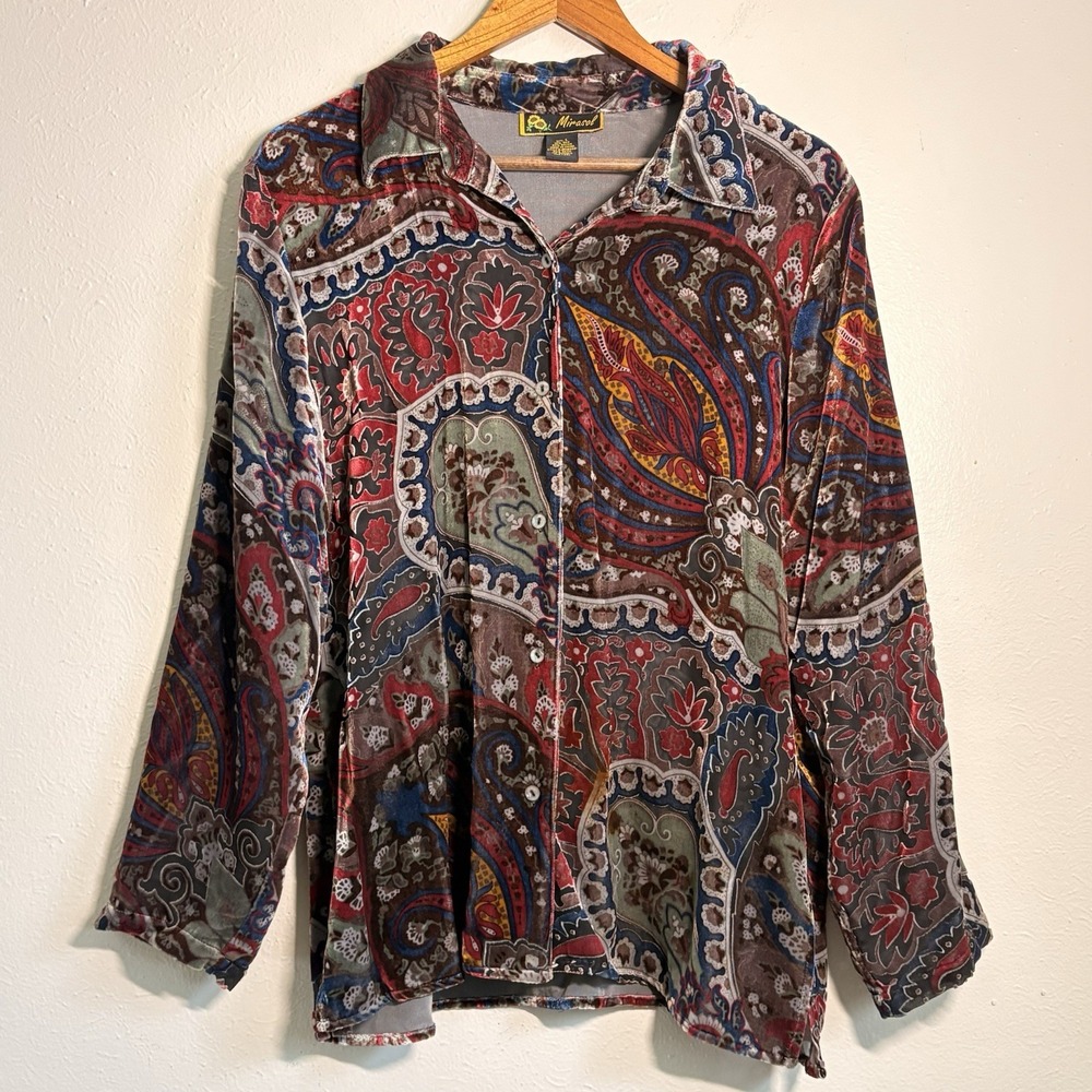 Mirasol Blouse Womens LG Whimsical Paisley Velvet Burnout Sheer Silk Blend